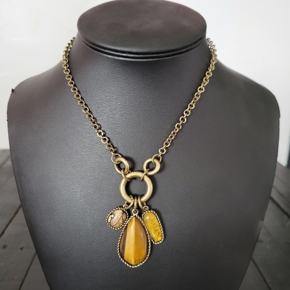 Gold Chain Charm Necklace Dangle Stones